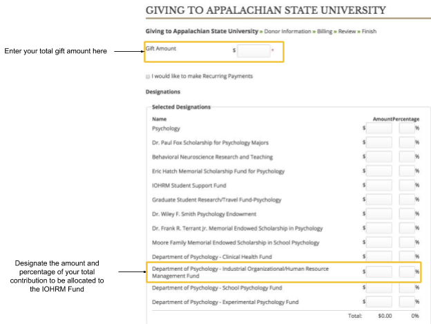 screenshot of App State giving website